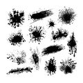 Vector set of black ink splashes, paint splatters isolated on white background, flat Royalty Free Stock Photo