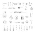 Vector set of black kitchen tools isolated on white background. Monochrome pack of apron, cutlery, chopping board, saucepan,