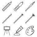 Vector Set of Black Outline Art Icons. Painting and Writing Tools Royalty Free Stock Photo