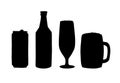 Vector set of black silhouette beer can and bottle