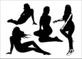 Vector set of black silhouettes of girls in sitting poses full growth. Women in elegant poses on a white background Royalty Free Stock Photo