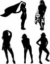 Vector set of black silhouettes of girls in various poses, standing at full height on a white background