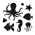 Vector set of black silhouettes of marine inhabitants