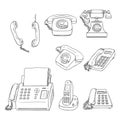 Vector Set of Black Sketch Telephones and Handsets. Collection of Phones