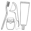Vector Set of Black Sketch Tooth Brushing Items. Tooth Brush, Dental Floss, Dentifrice.