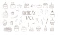 Vector set of black and white cakes with candles, balloons, presents.