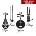 Vector set of black and white chinese string and wind musical instruments, flat style.