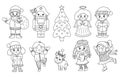 Vector set of black and white Christmas characters. Cute winter Santa Claus with sack, Angel, Elf, Nutcracker illustration or