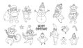 Vector set of black and white Christmas characters. Santa Claus with sack, funny animals, snowman line icons isolated on white Royalty Free Stock Photo