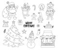 Vector set of black and white Christmas elements with Santa Claus, deer, fir tree, presents isolated on white background. Cute Royalty Free Stock Photo