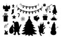 Vector set of black and white Christmas silhouettes with Santa Claus, deer, fir tree, presents isolated on white background. Cute Royalty Free Stock Photo