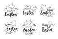 Vector set of black and white hand drawn Happy Easter letterings with flowers, leaves and cute birds isolated on white background Royalty Free Stock Photo