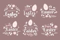 Vector set of black and white hand drawn Happy Easter letterings with flowers, leaves and cute birds isolated on white background Royalty Free Stock Photo