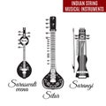 Vector set of black and white indian string musical instruments, flat style.