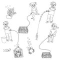 Vector set of black and white linear clipart of children fishing and catching crabs. Boys and girl with fishing rod and nets for