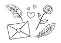 Vector set of black and white Saint ValentineÃ¢â¬â¢s day symbols. Collection of cute objects with love concept. Letter, feather, rose