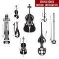 Vector set of black and white string bowed musical instruments in flat design Royalty Free Stock Photo