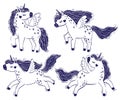 Vector set of cute unicorns. Vector black and white illustration isolated on white background. Print for t-shirt for Royalty Free Stock Photo