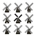 Vector set of black and white windmill icons