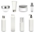 Vector set of blank cosmetics packages bottles, containers, cream jars and other isolated on white background. Realistic mock-up