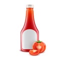 Vector Set of Blank Glass Plastic Red Tomato Ketchup Bottle for Branding with White label and Fresh Cut Tomatoes Royalty Free Stock Photo