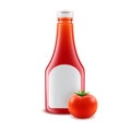 Vector Set of Blank Glass Plastic Red Tomato Ketchup Bottle for Branding with White label and Tomato on White Background Royalty Free Stock Photo