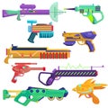 Vector set of blasters. Bright blasters in a cartoon style. Colorful weapons for computer games.