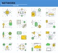 Vector set of blockchain technology and cryptocurrency icons in thin line style. Bitcoin, ethereum, ICO. Website UI and