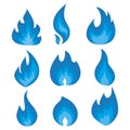 Vector set of blue flames. A collection of stylized fires. Abstract fire.