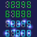 Vector set of blue and green digital numbers on a a dark blue background.