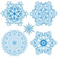 Vector set blue monochrome snowflakes, isolated