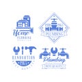 Vector set of blue original logos for plumbing and home repairing services. Emblems with buildings, working tools and Royalty Free Stock Photo