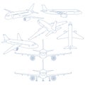 Vector Set of Blue Outline Airplanes Illustration