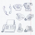 Vector Set of Blue Sketch Telephones and Handsets