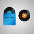 Vector set of blue vinyl cover and two vinyl records with blue and orange label