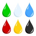 Vector set of blue water, green, light blue milk, red blood, yellow honey, black oil liquid drop icon isolated on white Royalty Free Stock Photo