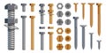 Vector set of Bolts, Nuts. Metal Screws, steel bolts, nuts, nails and rivets, self-tapping. Construction steel screw and nut,