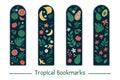 Vector set of bookmarks for children with tropical fruit, leaves, flowers. Cute watermelon, bananas, pawpaw, avocado on dark blue