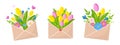 Vector set of bouquets of spring flowers in envelopes isolated on white background. Hello spring collection icons