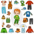 Vector set of boys clothes, color collection of cartoon accessories and clothing