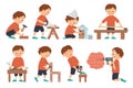 Vector set of boys doing carpenter, building or wood work. Royalty Free Stock Photo