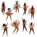 Vector set of Brazilian girls in dancing action. Samba dancers. Latino women in bikini with feathers. Brazil festival Royalty Free Stock Photo