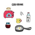 Vector set of breakfast food and devices icons