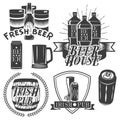 Vector set of brewing labels in vintage style. Pub and craft beer logo. Monochrome color. Royalty Free Stock Photo
