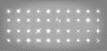 Vector set of bright different white sparkles glowing icons. Collection of starburst light effect symbol. Magic shine. Royalty Free Stock Photo