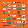 Vector set with bright purses and clutches on orange background. Hand drawn collection with accessories of different sizes and sha