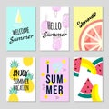 Vector set of bright summer cards. Beautiful summer posters with pineapple, watermelon, lemon, palm leaves and hand Royalty Free Stock Photo