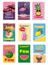 Vector set of bright summer cards. Beautiful summer posters with pineapple, watermelon, lemon, palm leaves and hand Royalty Free Stock Photo