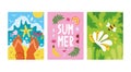 Vector set of bright summer cards in flat hand drawn style. Beautiful summer posters with sea, beach, foots, palm leaves Royalty Free Stock Photo