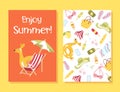 Vector set of bright summer cards. Posters with lemon, beachwear, sunglasess. Royalty Free Stock Photo